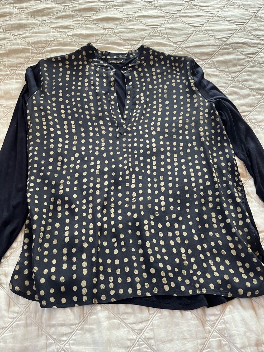 Navy Blouse with Creamy Tan Dot Print - Long Sleeve